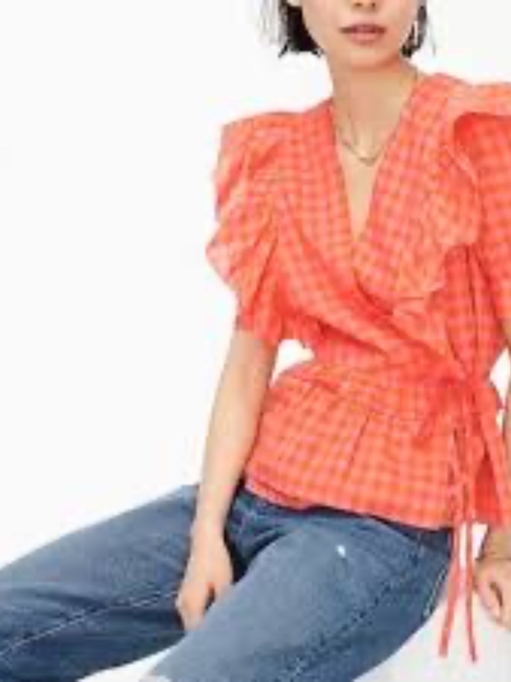 J. Crew Gingham Cotton Ruffle Wrap Waist Flutter Sleeve Peplum Blouse